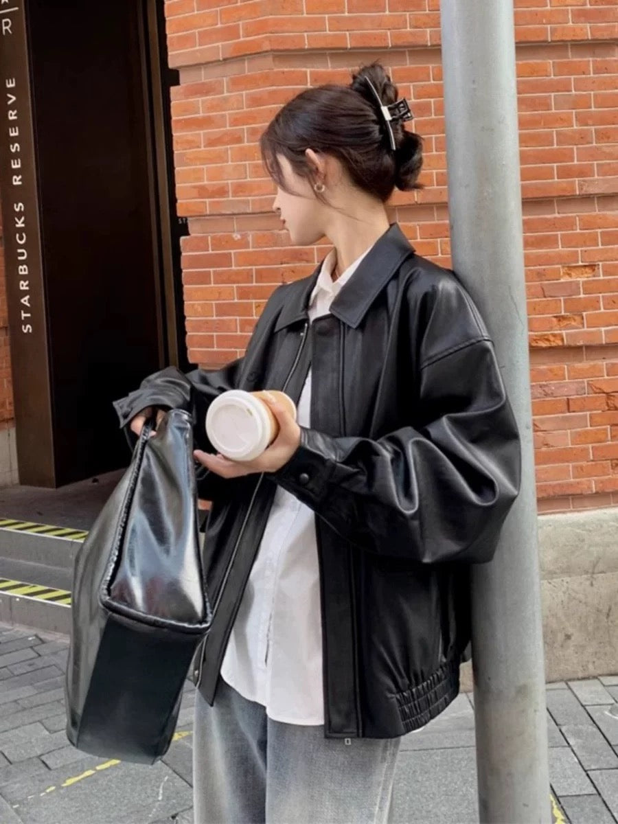 Thin PU Leather Oversize Jacket (Brown)