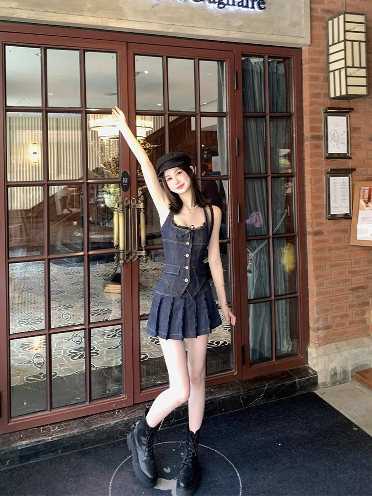 Denim Top + Skirt Two Piece Set (M）