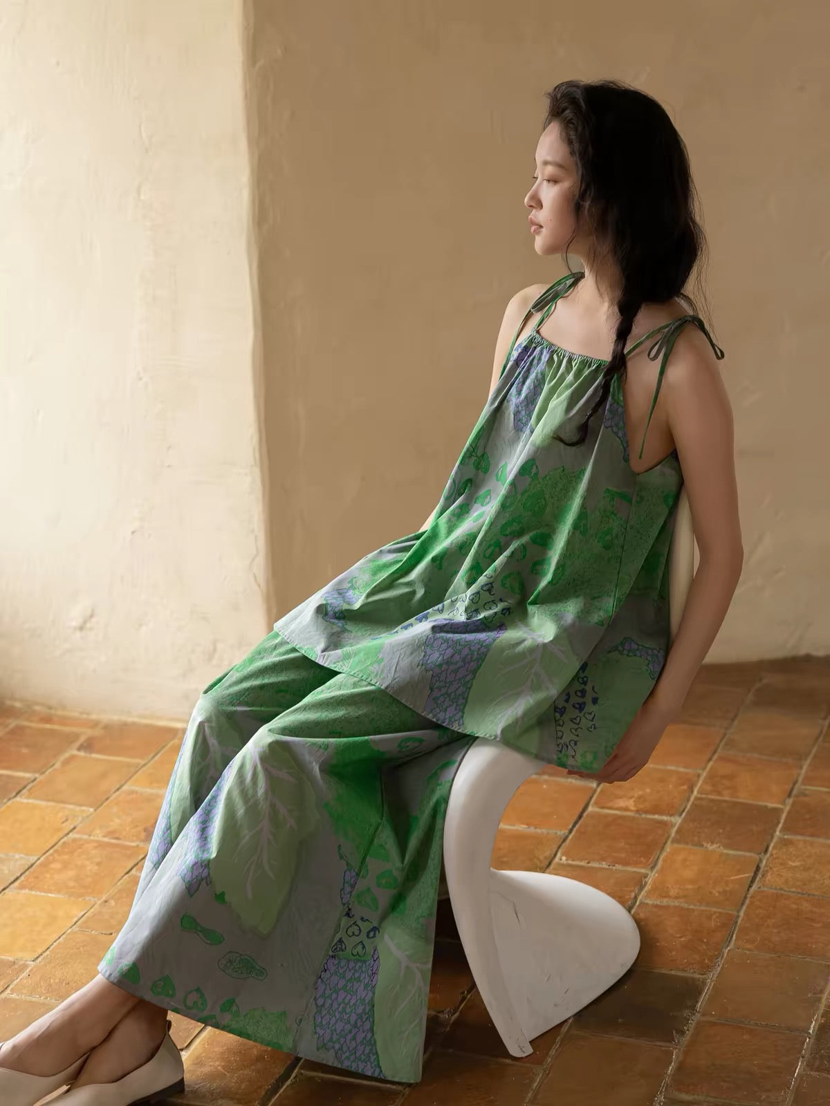 Green Top + Long Pants Two Piece Set