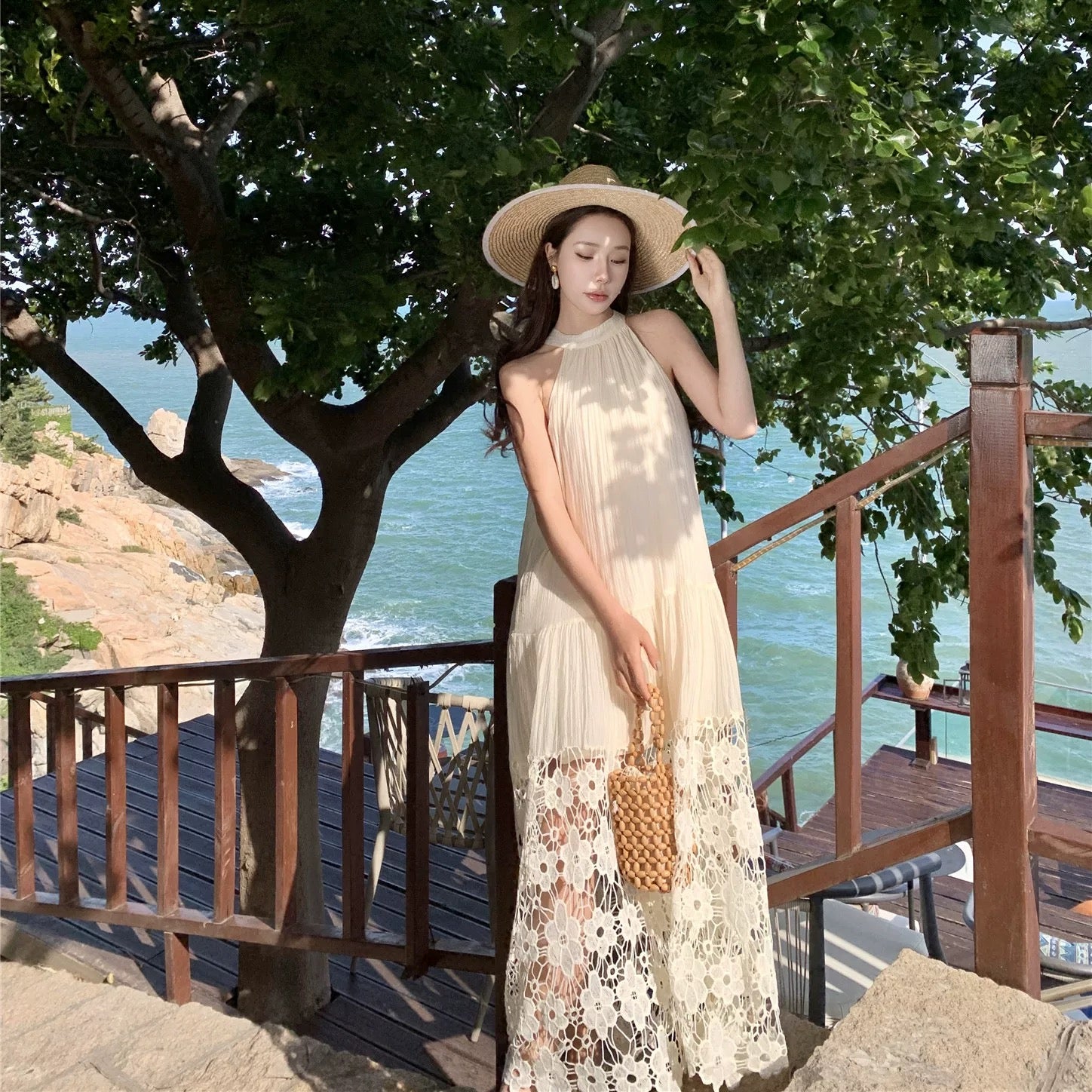 Beige Embroidery Floral Long Dress