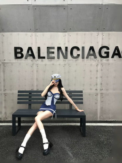 Sailor Tube Top + Skirt Two Pieces Set (S, M)