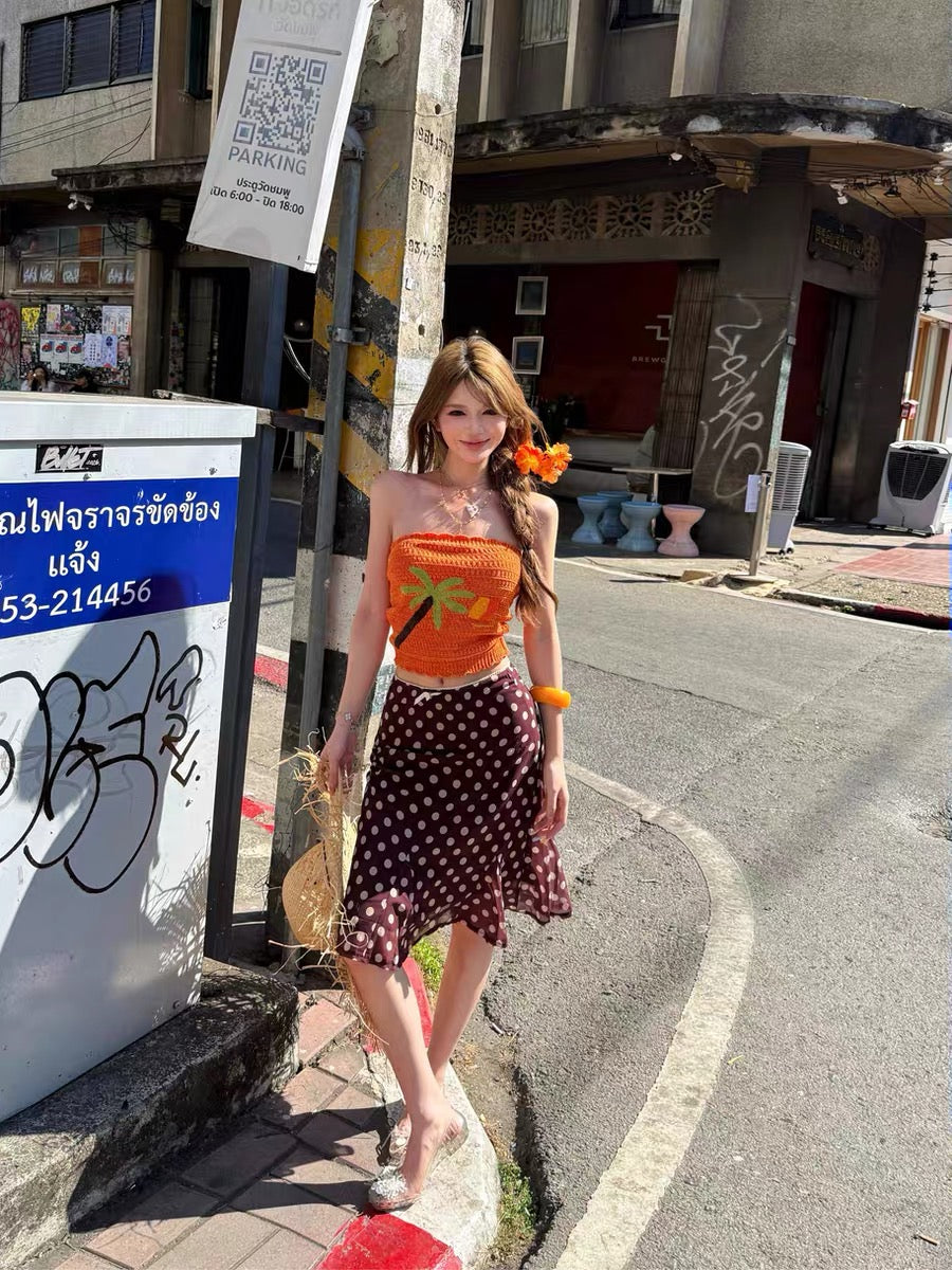 Orange Top + Brown Polka Dot Skirt Two Piece Set