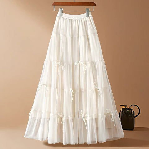 Mini Ribbons Beige Chiffon Long Skirt