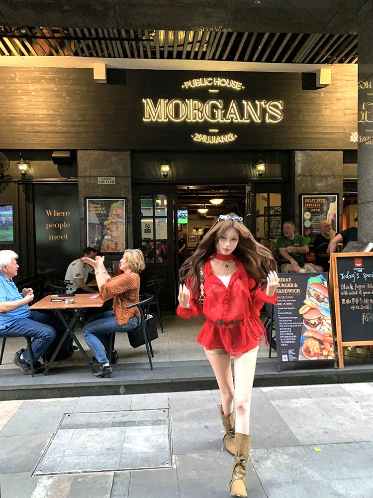 V Collar Lantern Sleeve Thin Top (Black, Red)