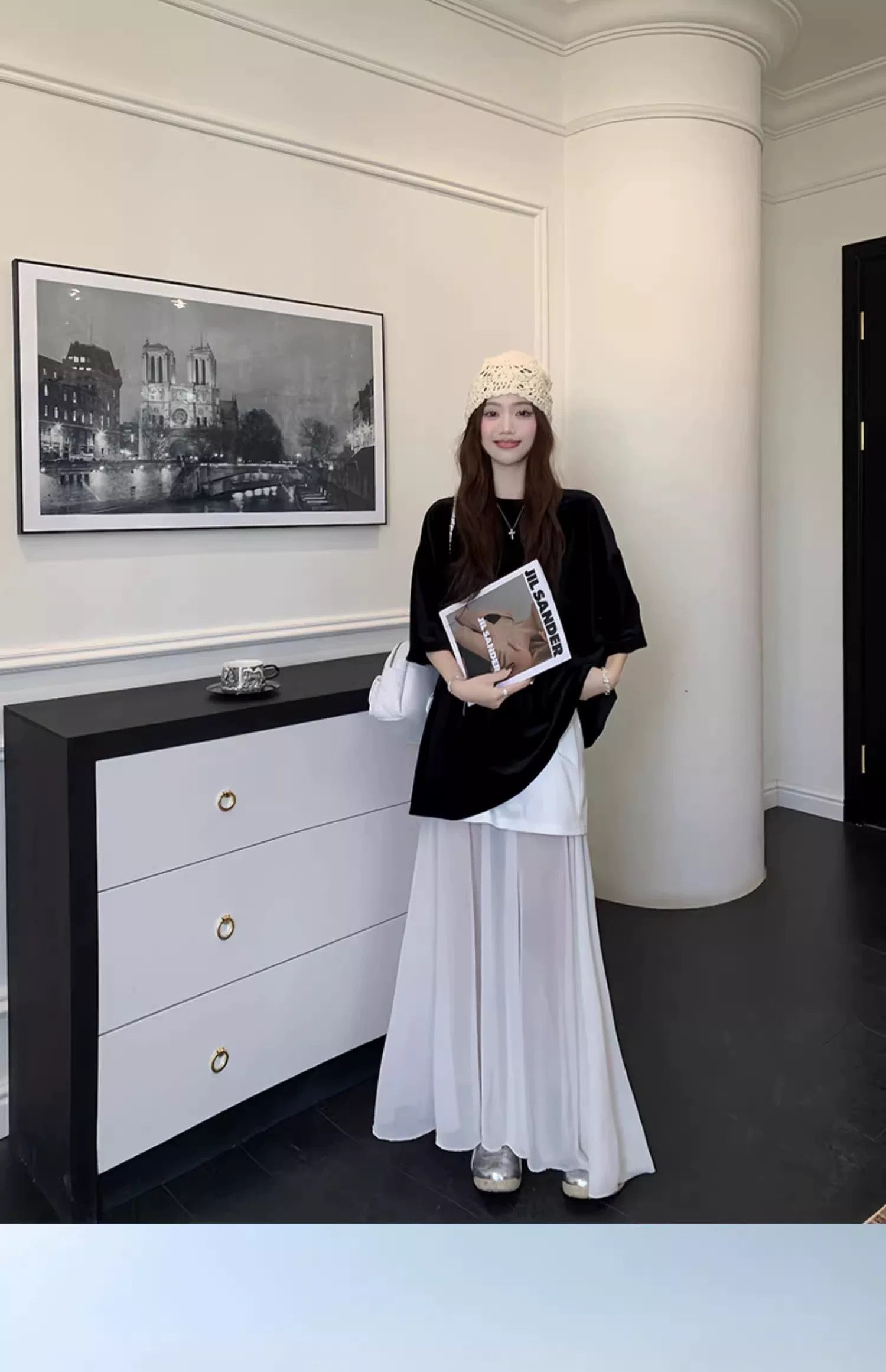 Cream White Mesh Long Skirt