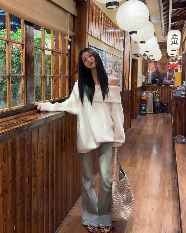 Off Shoulder Cream Long Sleeve Knitted Top