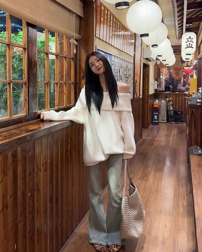 Off Shoulder Cream Long Sleeve Knitted Top
