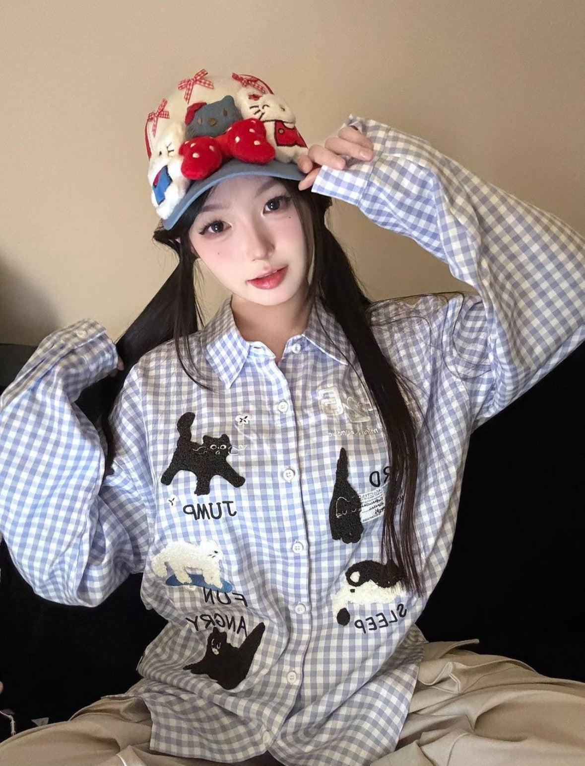 Cute Print Ginham Long Sleeve Shirt (Blue, Yellow)