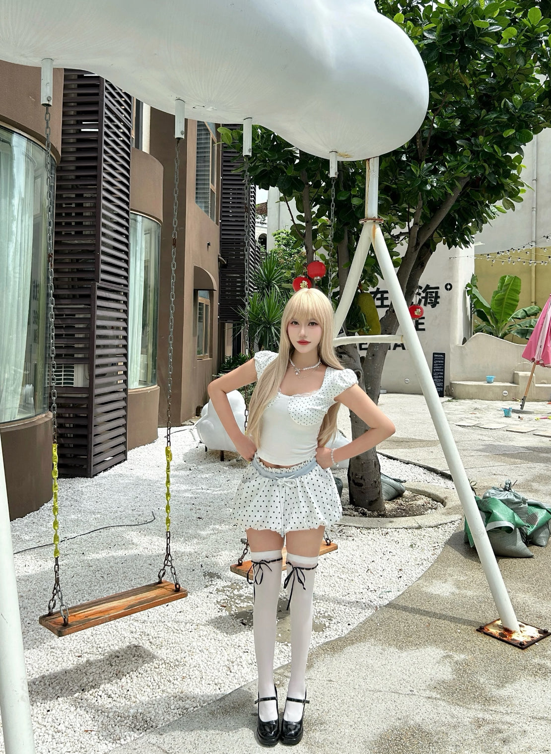 Black Dot White Top + Shorts Two Piece Set
