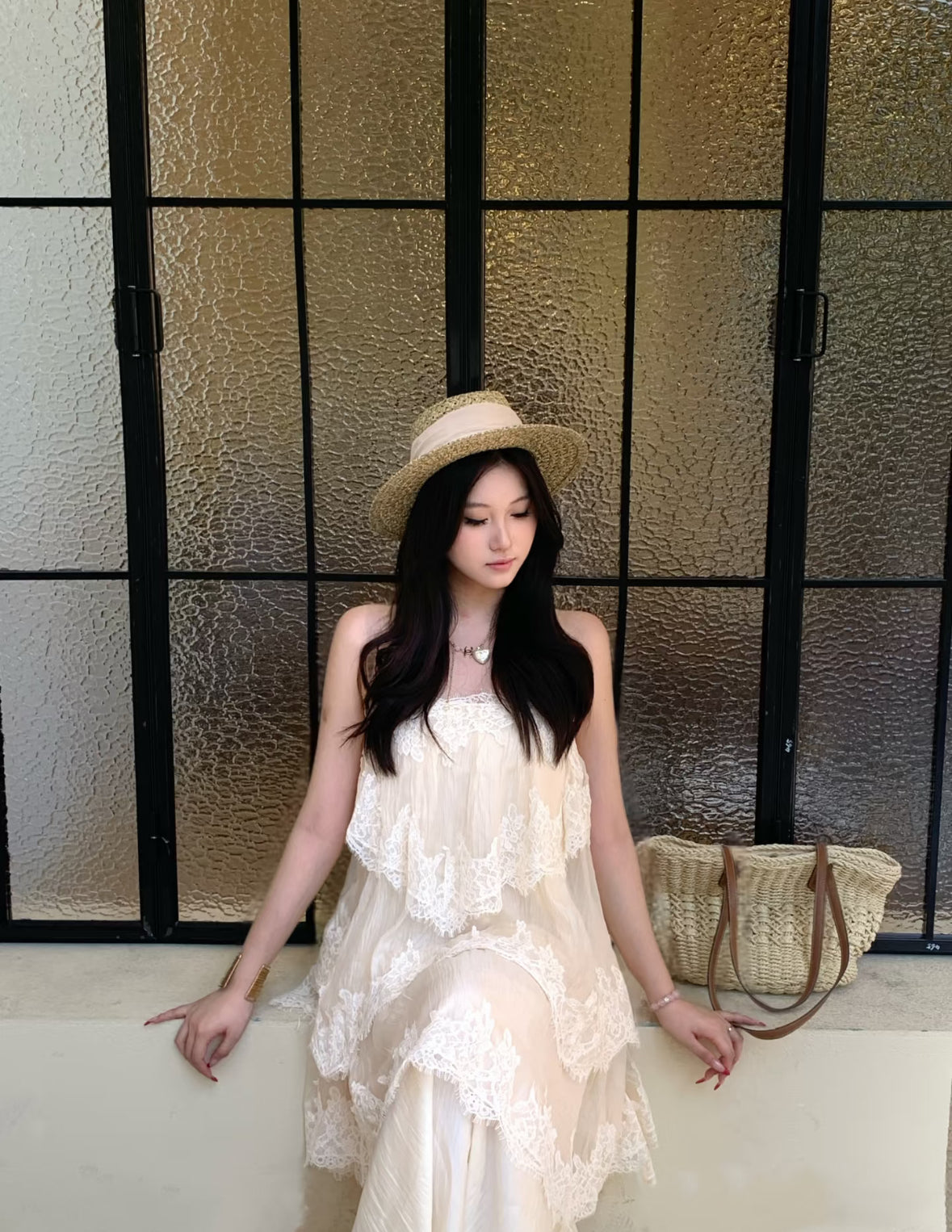 Chiffon Mix Lace Thin Bareback Long Dress