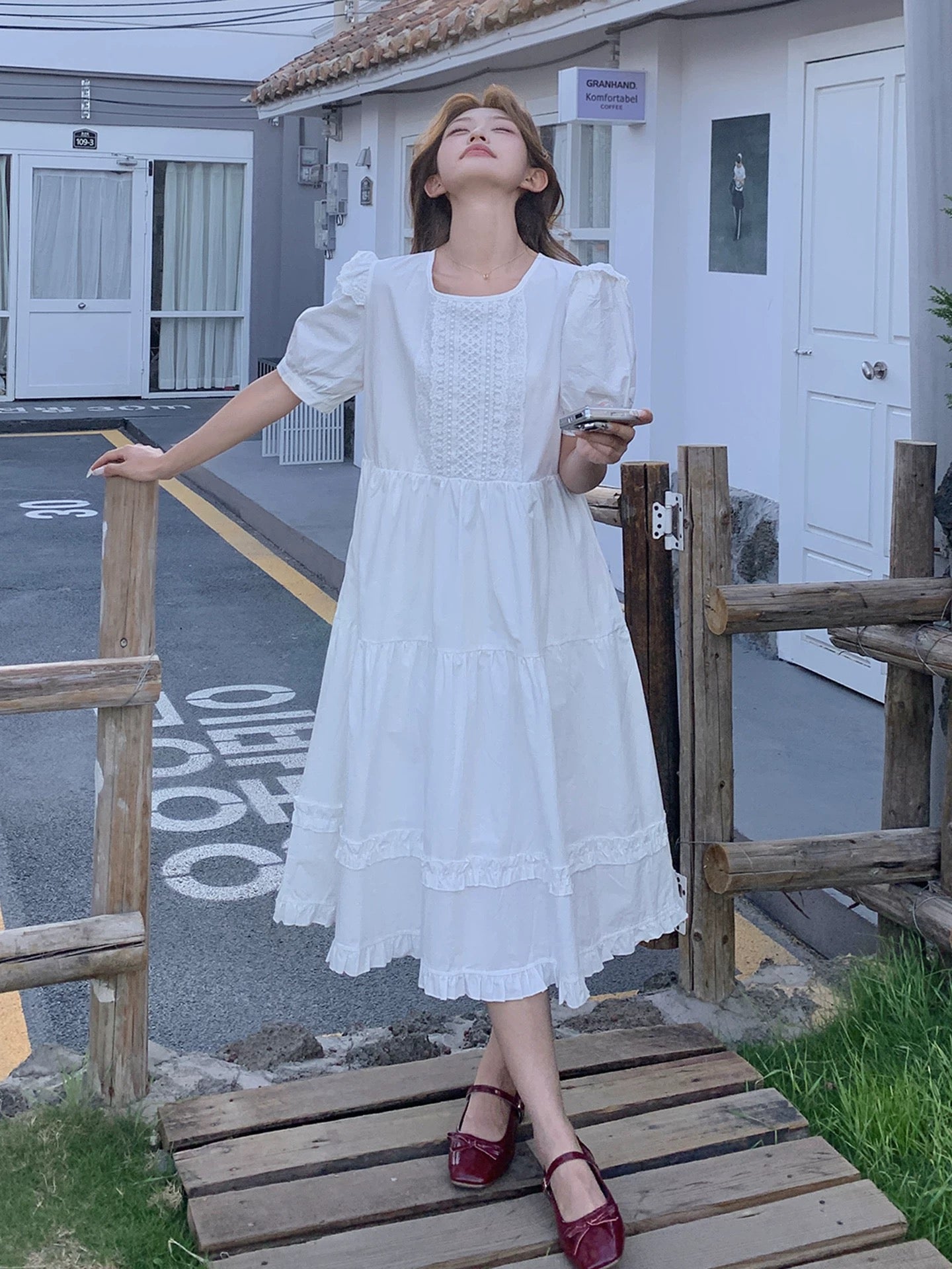 White Puff Sleeve Wide Long Dress