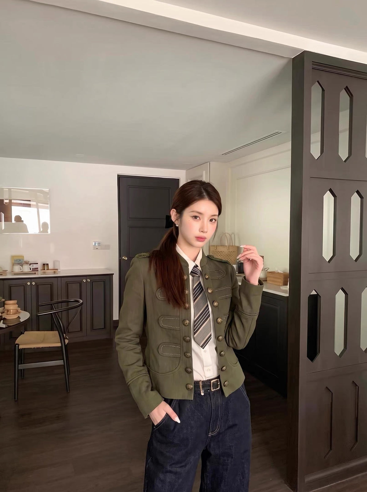 Button Long Sleeve Jacket (Black, Green)