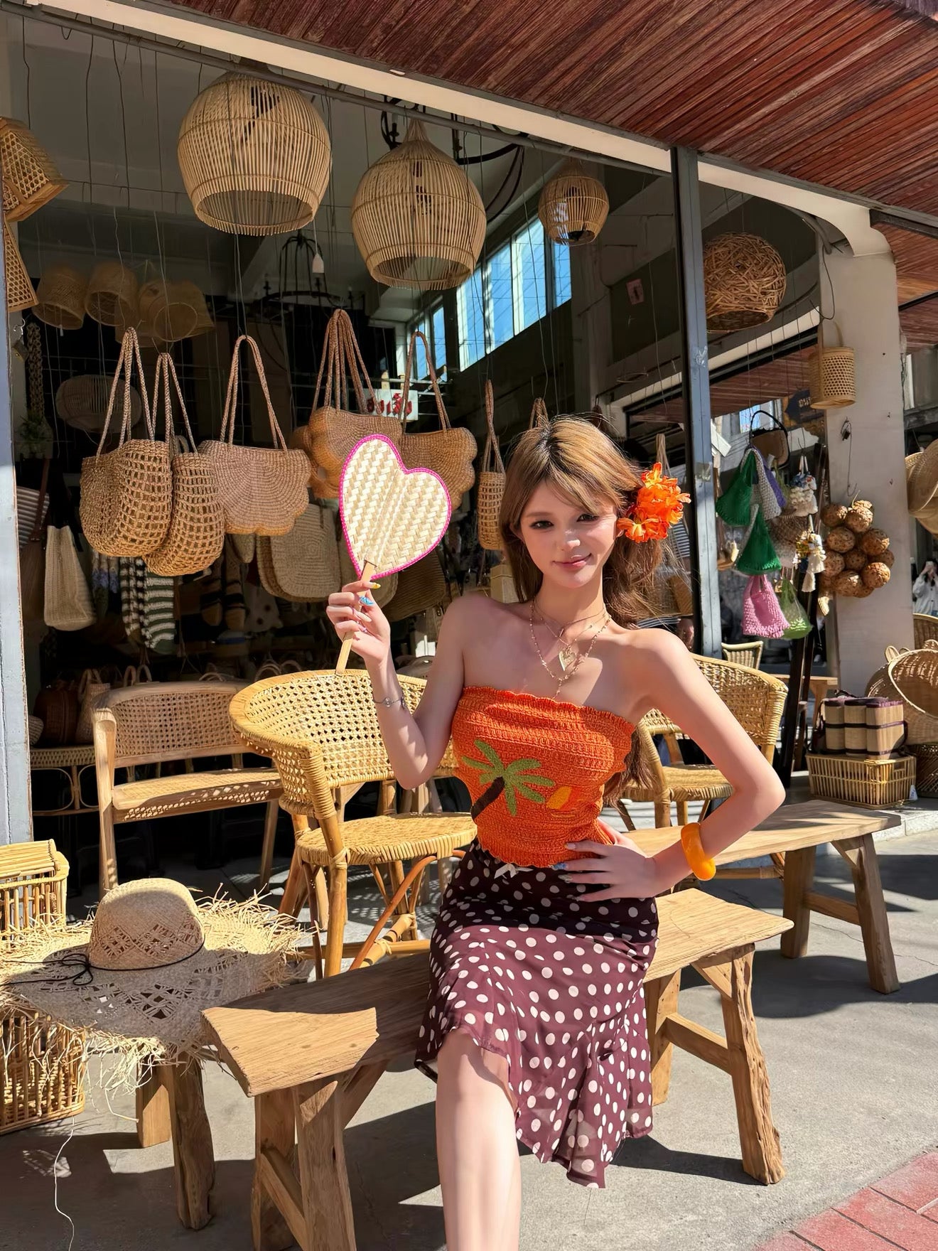 Orange Top + Brown Polka Dot Skirt Two Piece Set