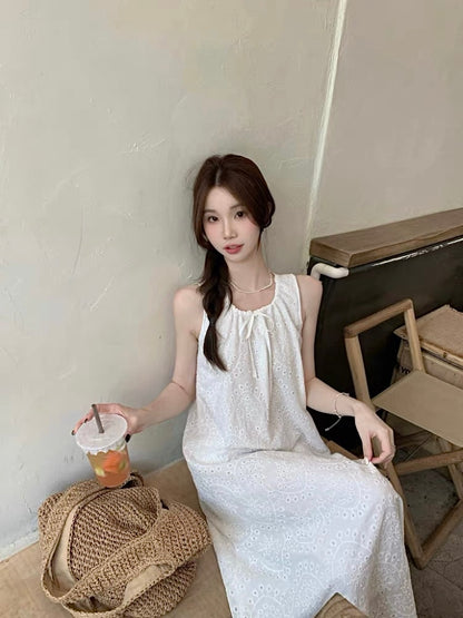 U Collar Embroidery Long Dress (Beige, White)