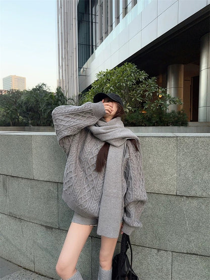Grey Knitted Top + Shorts + Scarf Three Piece Set