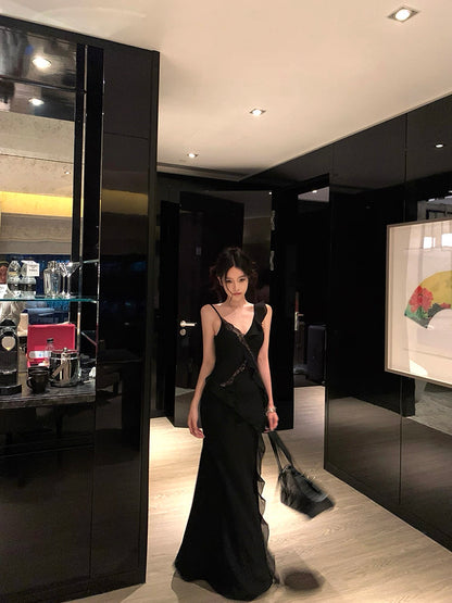 Side Flare Strap Mix Lace Long Dress (Yellow, Black)