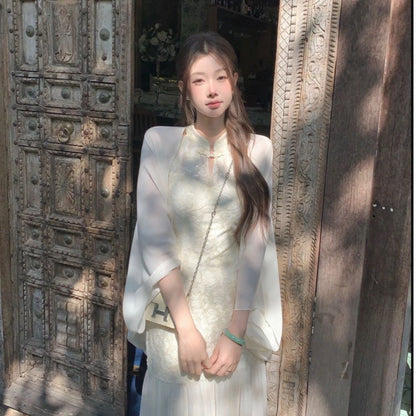 Beige Cheongsam CD022 Long Dress With Cardigan (S, M)