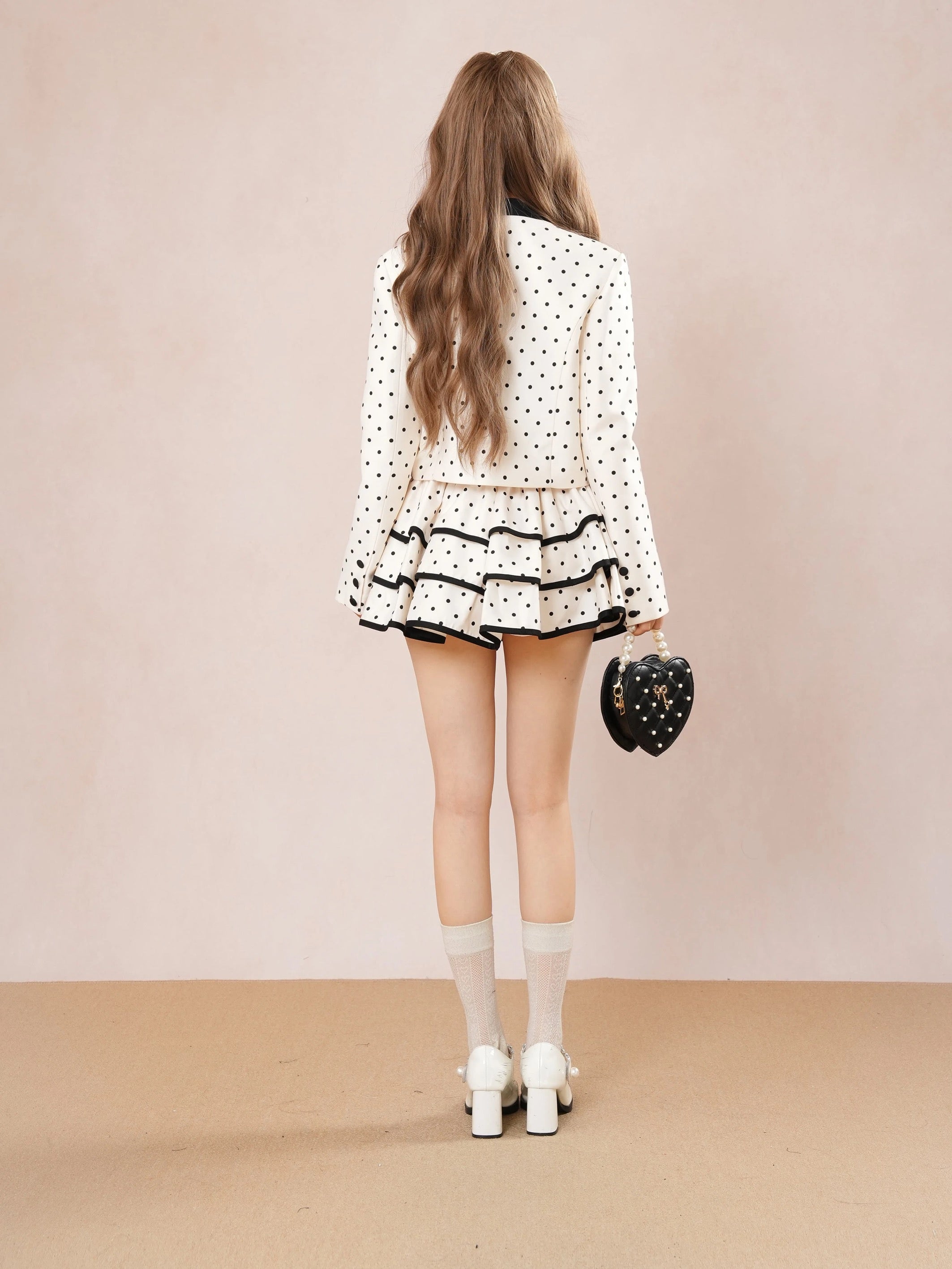 Black Dot Beige Top + Skirt Channe Two Piece Set