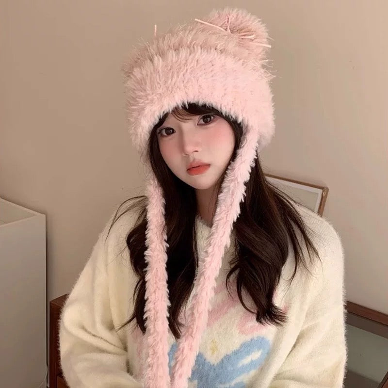 Fuzzy Knitted Ribbon Kitty Hat