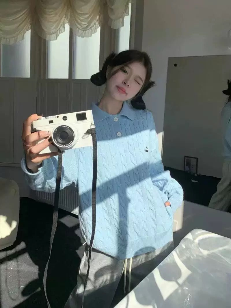 Collar Long Sleeve Cherry Knitted Top (Blue, Pink)