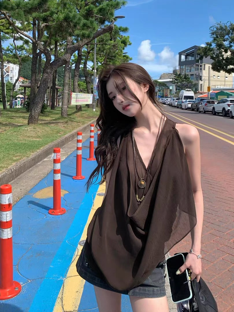 Chocolate Mesh V Collar Top