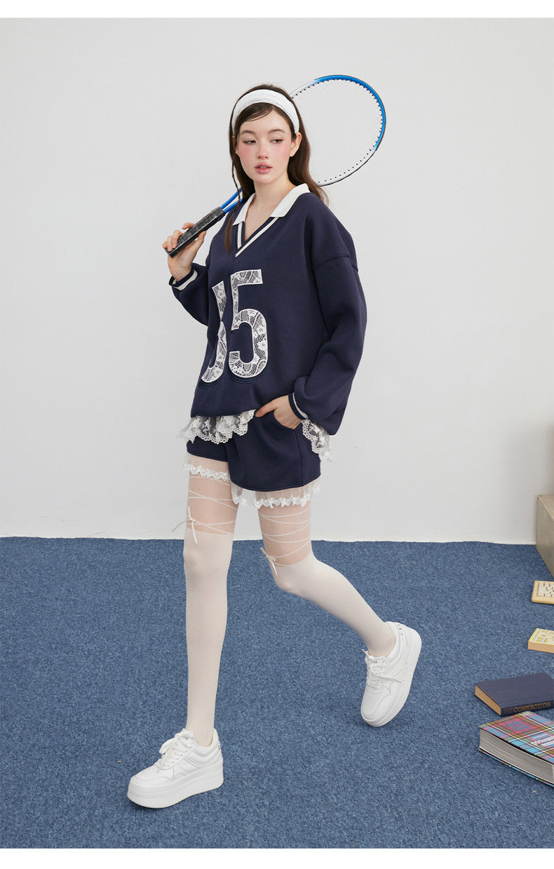 No.65 Premium Navy Sweater Top + Shorts Two Piece Set