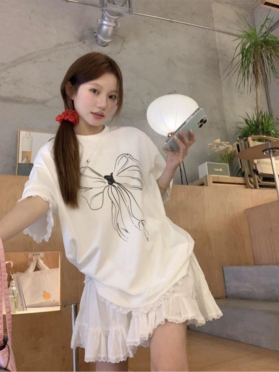 White Ribbon Oversize T Shirt Top