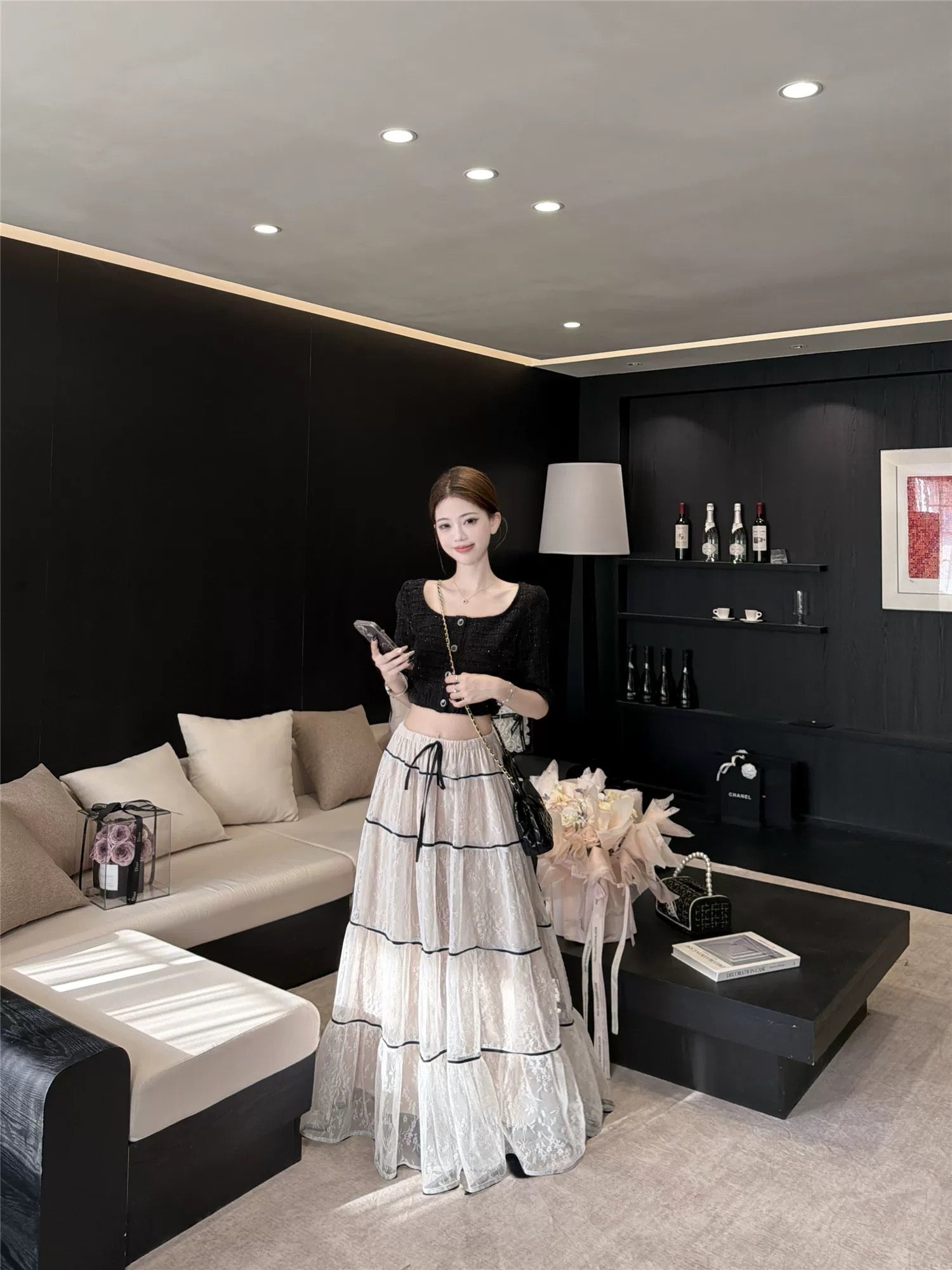 White Laces Black Ribbon Long Skirt SK31