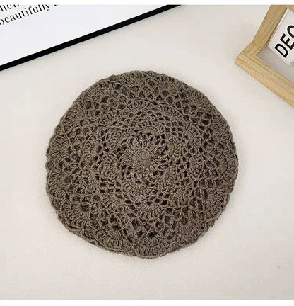 Brown Knitted Embroidery Beret Hat