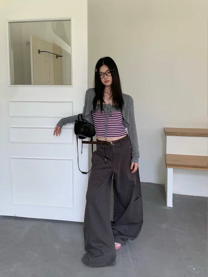 Pink Stripe Knitted Top + Cardigan Two Piece Set