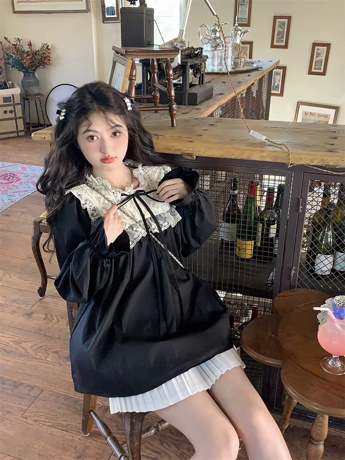 Laces Collar Black Long Sleeve Top