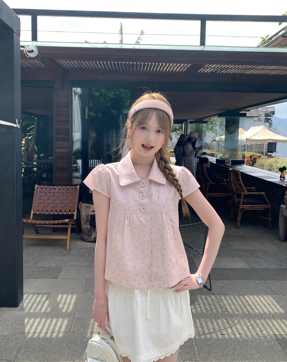 Grey Dot Pink Top (S, M)