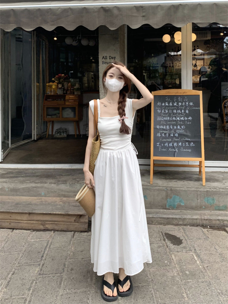 Side Tie Sleeveless White Long Dress