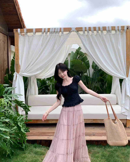 Black Top + Pink Polka Dot Mesh Skirt Two Piece Set