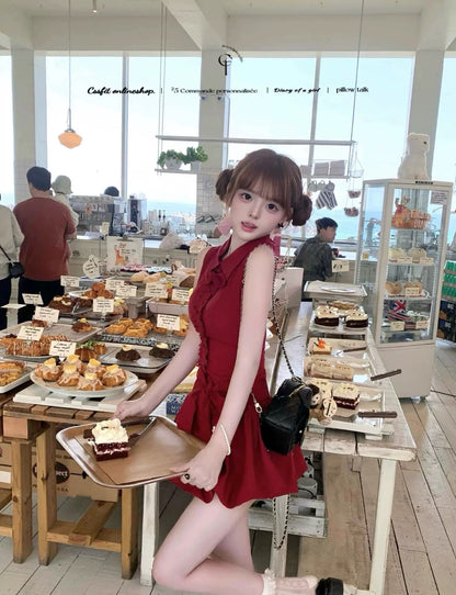 Sleeveless Collar Wine Red Dress