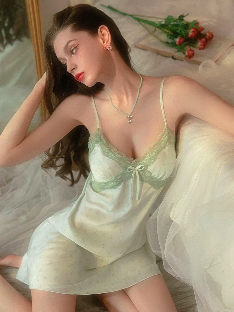 Green Lace Silk Homewear Dress Pyjamas