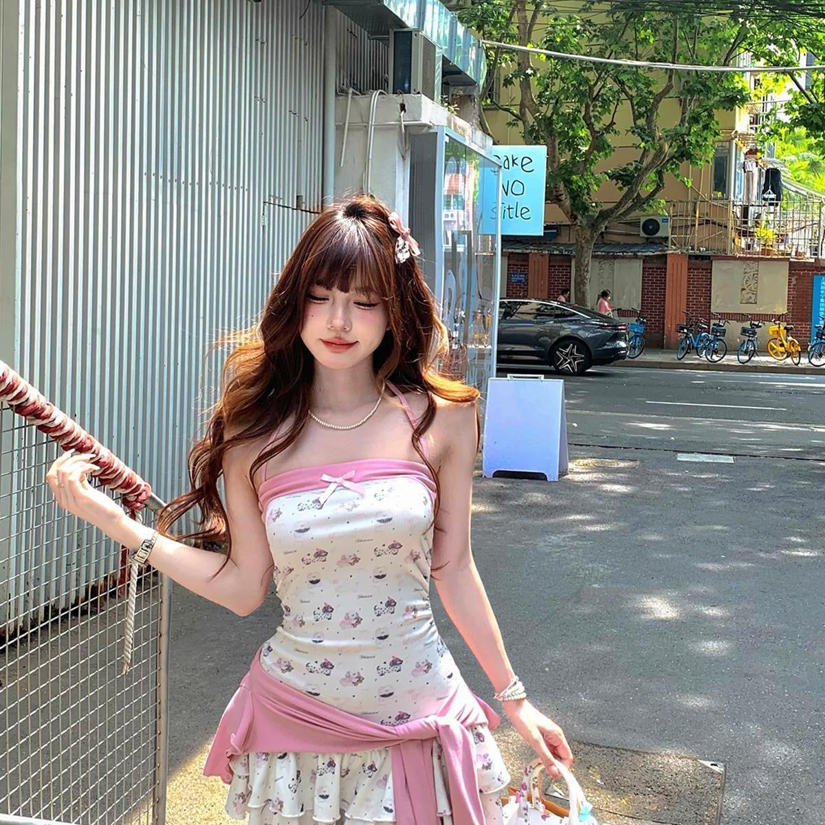 Doggie Tube Dress + Pink Cardigan Set