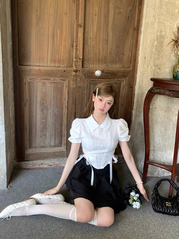 Waist Ribbon Puff Sleeve White Top