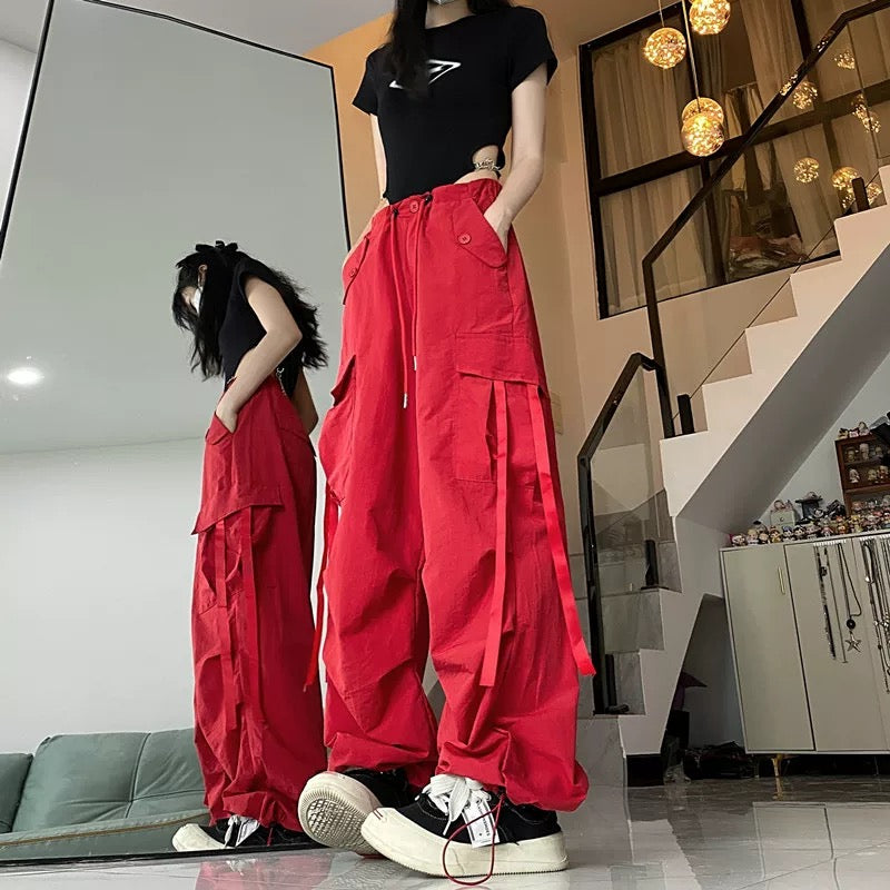 High Waist Strap Cargo Long Pants (Red, Black)
