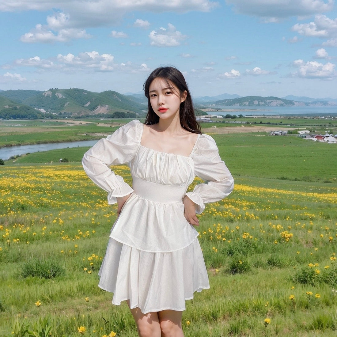 Long Puff Sleeve Two Wear White Dress