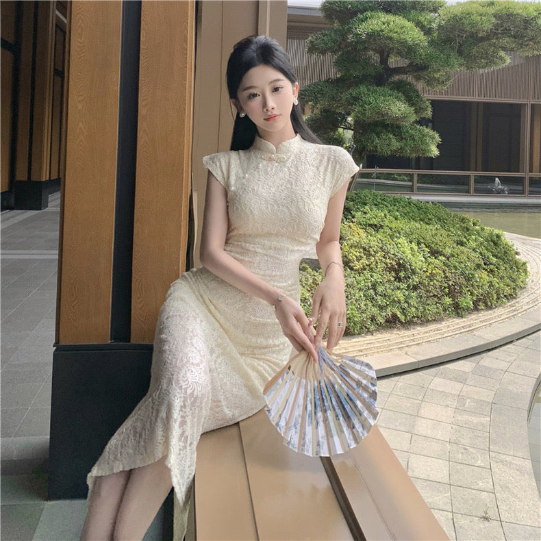 Beige Laces Cheongsam Long Dress