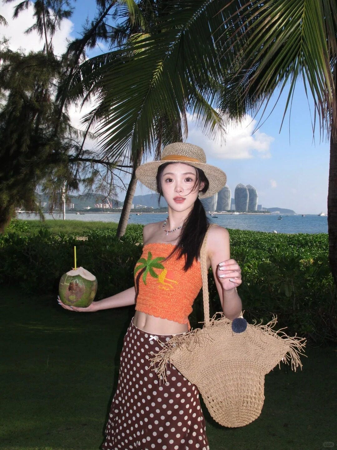 Orange Top + Brown Polka Dot Skirt Two Piece Set