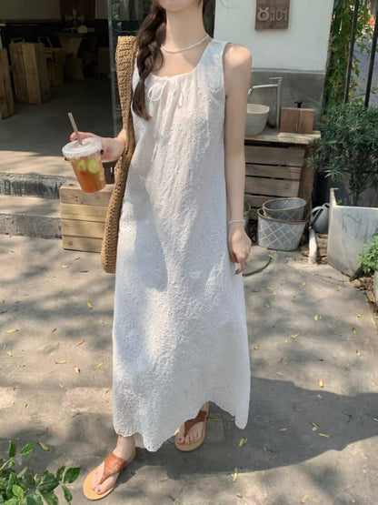 U Collar Embroidery Long Dress (Beige, White)