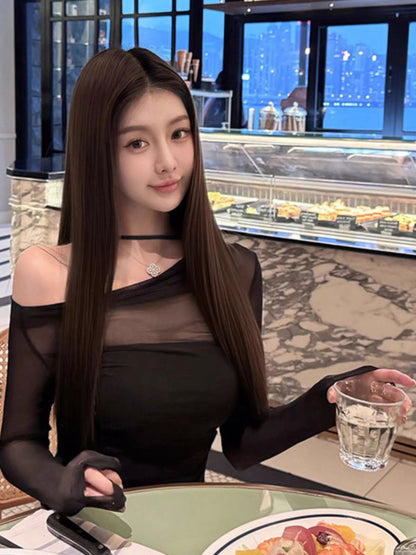 Mesh Off Side Shoulder Long Sleeve Top with tube