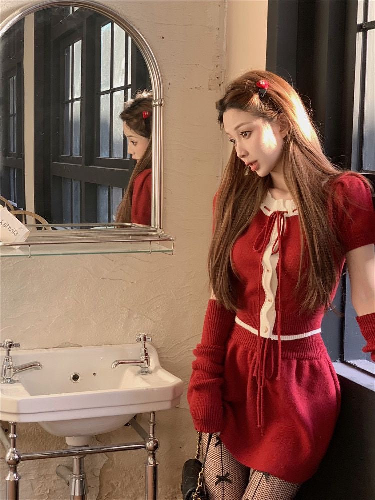 Red Knitted Crop Top + Skirt + Glove Three Piece Set