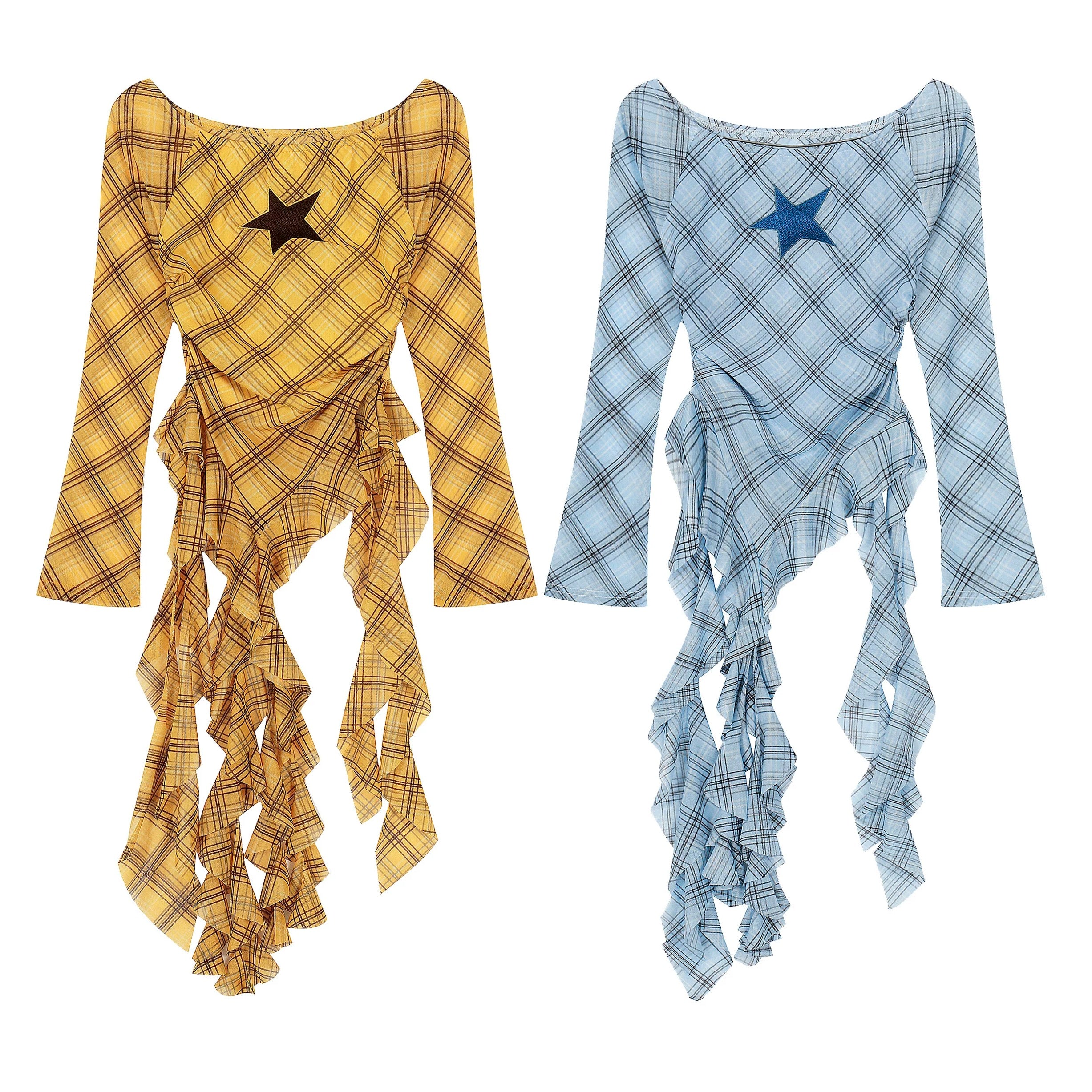 Grid Star Off Shoulder Long Sleeve Mesh Top