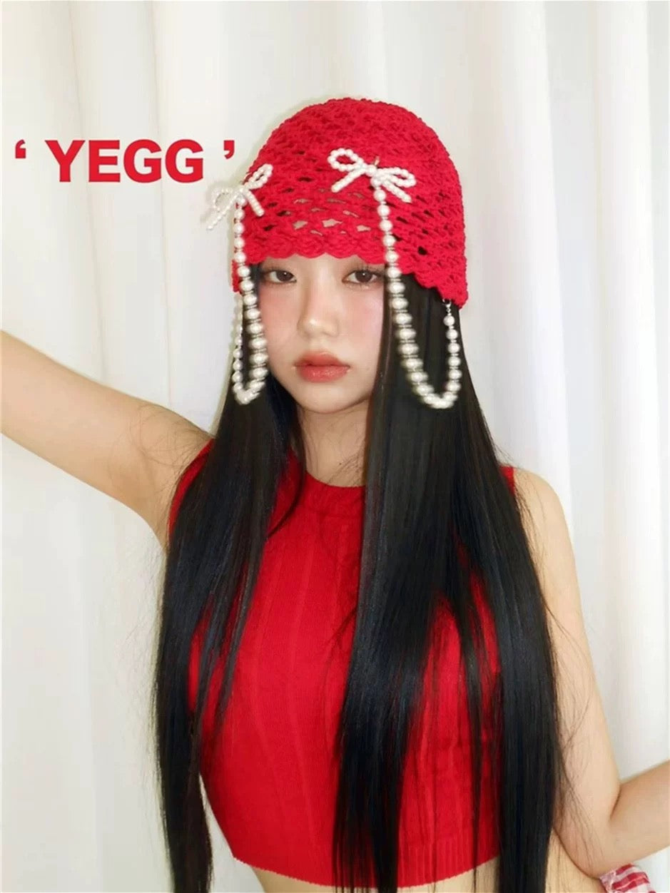 Pearl Ribbon Knitted Embroidery Hat (Red)