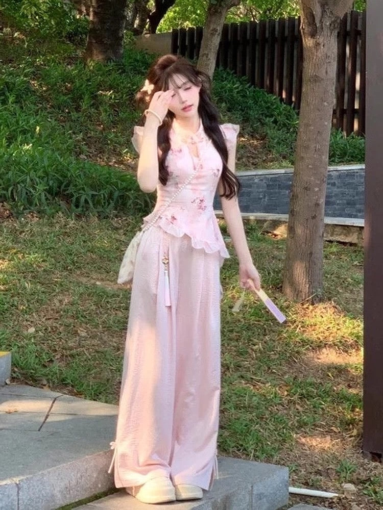 Pink Cheongsam Top CD039 + Pants Two Piece Set