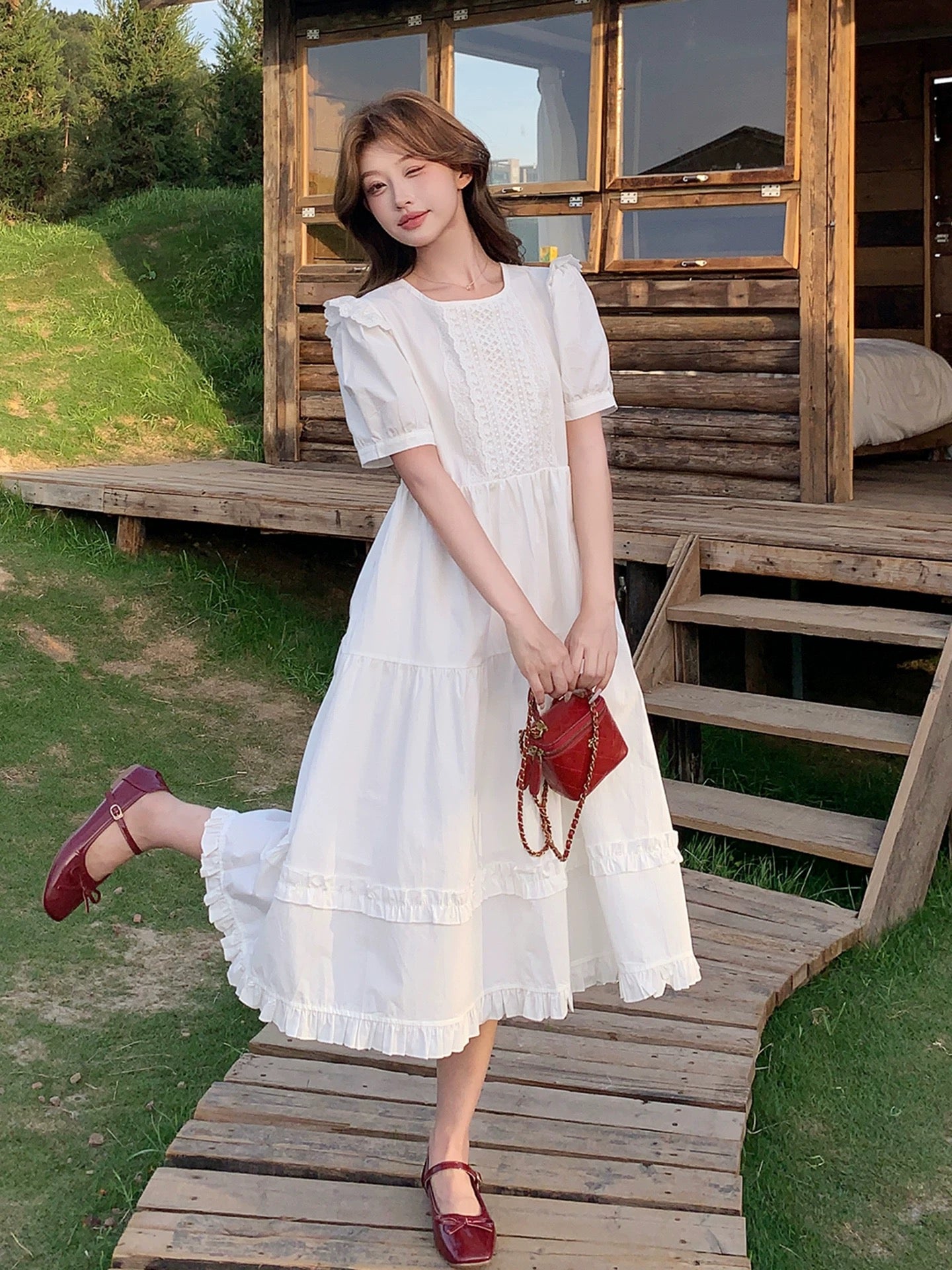 White Puff Sleeve Wide Long Dress