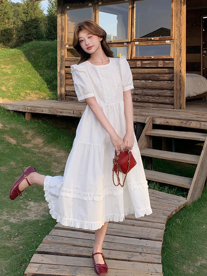 White Puff Sleeve Wide Long Dress